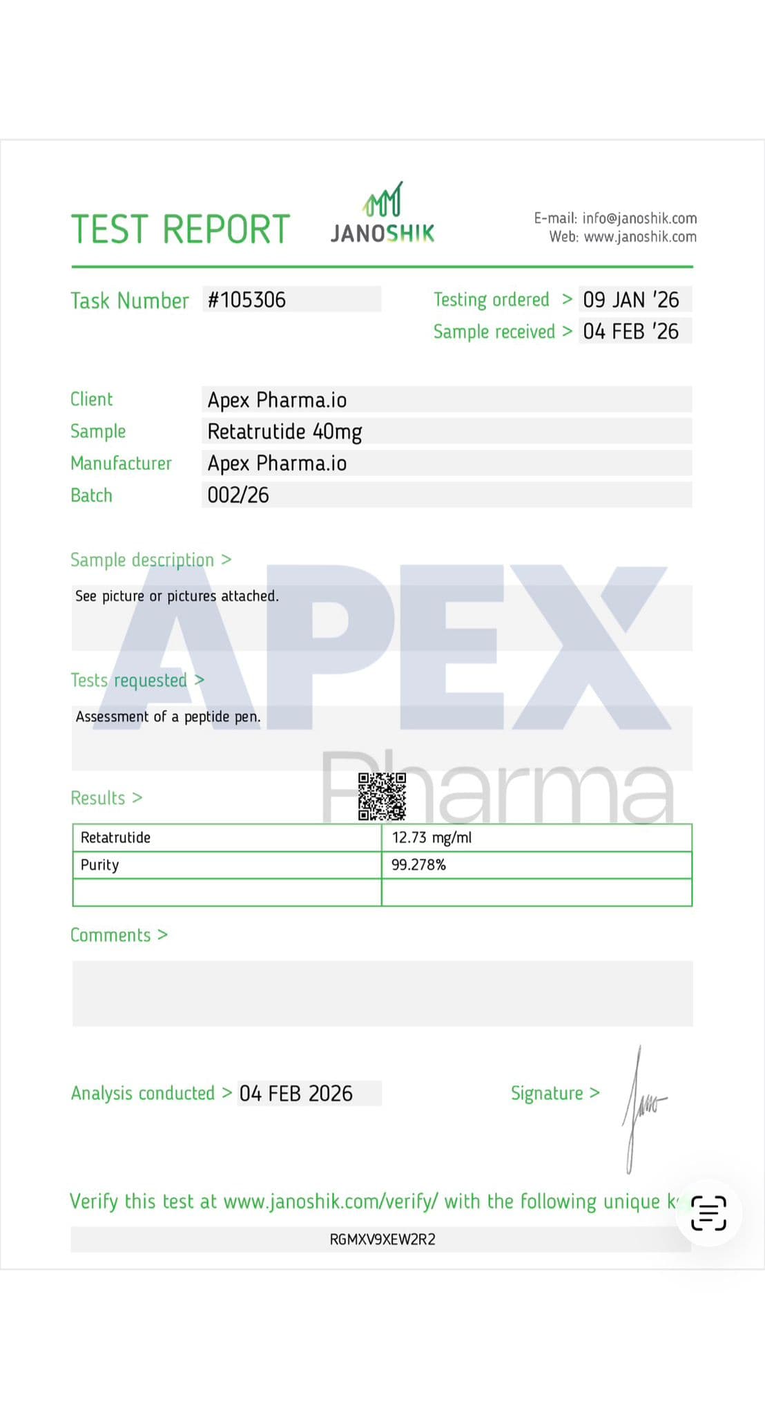 Janoshik Analytical independent lab test report confirming Reta peptide purity at 99.278%